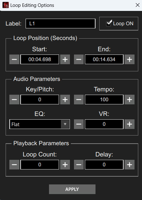 Loop Editing Options showing start and end positions, key and tempo, Loop Count, and Delay fields