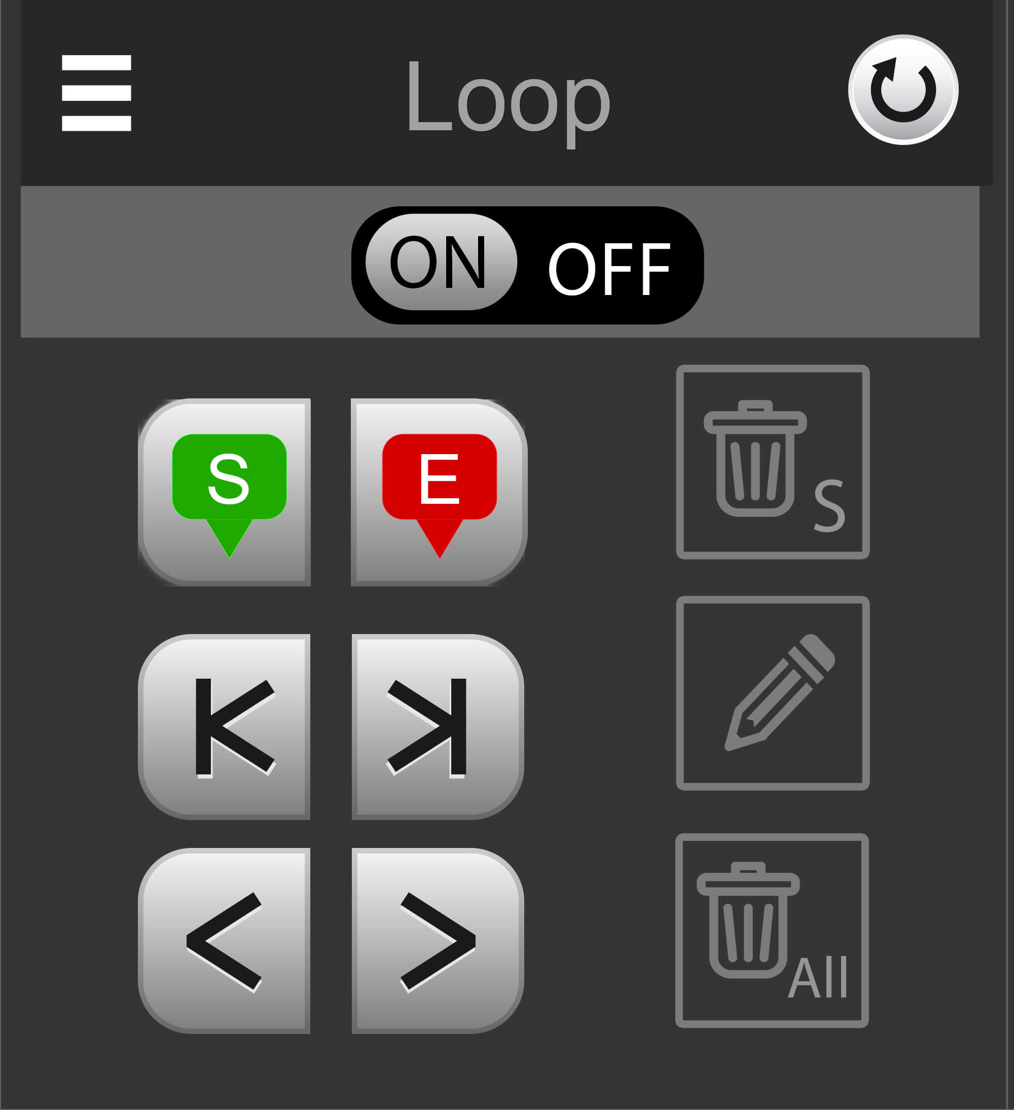 Looping module with the ON/OFF switch, green S start button, red E end button, and pencil edit button