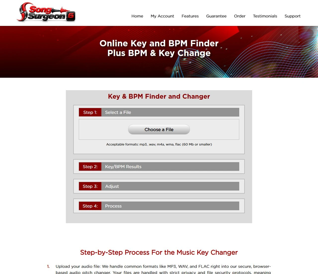 Song Surgeon’s online pitch changer with file selection and the Key/BPM Results, Adjust, and Process steps