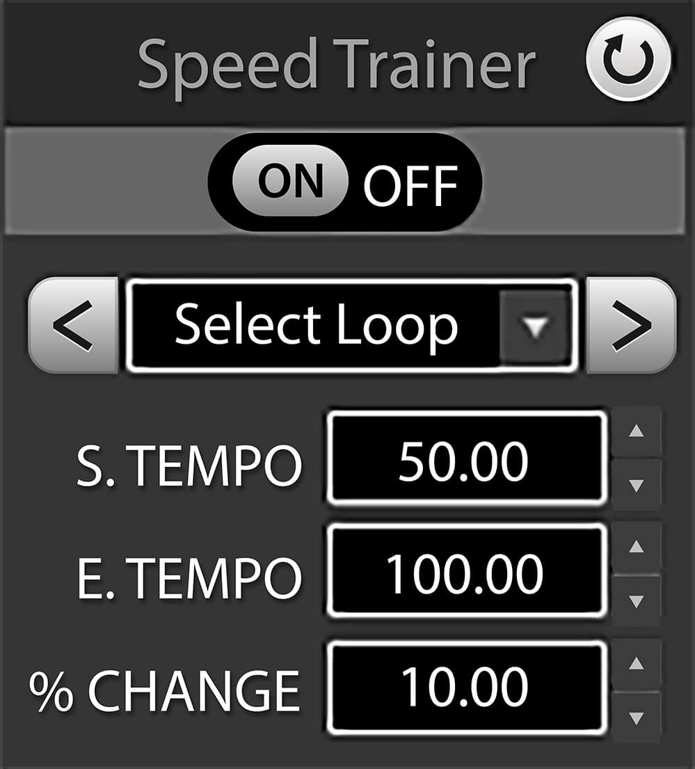 Speed Trainer module with loop selection, starting tempo, ending tempo, and percentage change controls