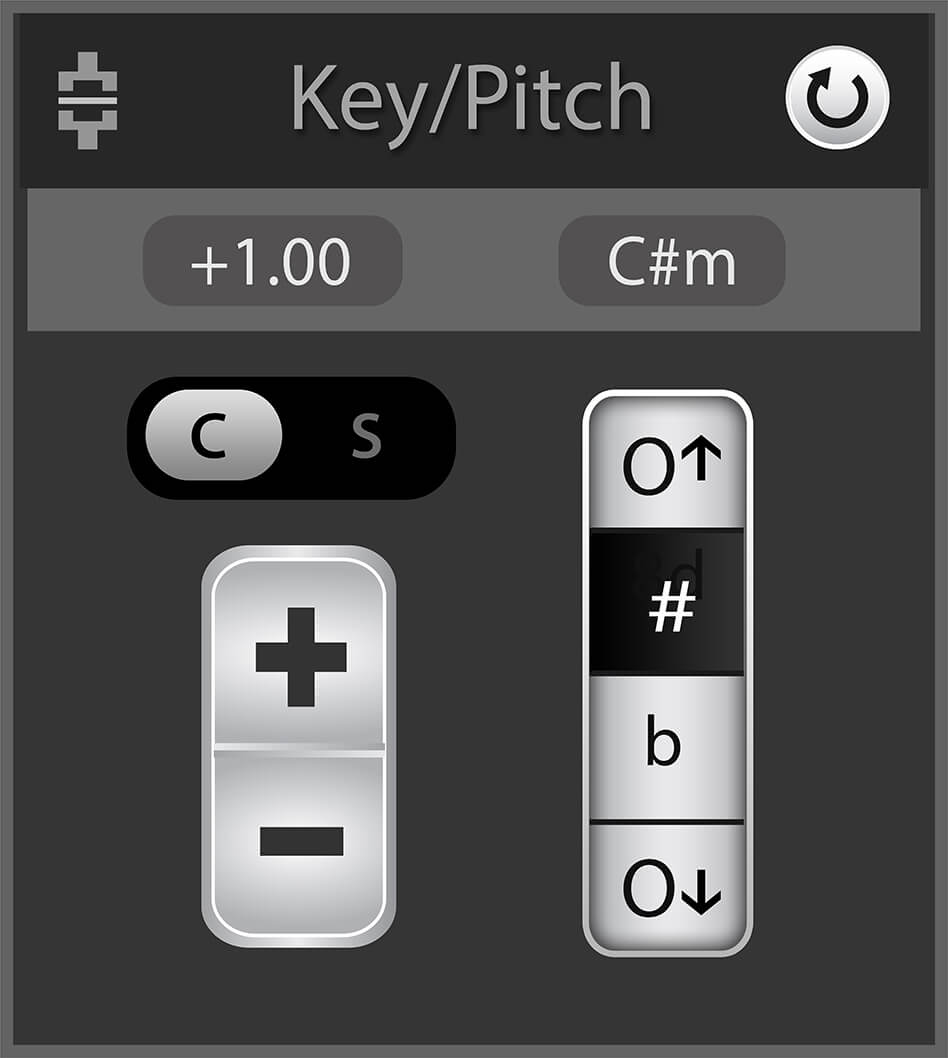 Key/Pitch module with C/S unit selection, plus and minus pitch controls, and reset
