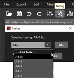 Tuning dialog showing detected tuning of A445 Hz and a target menu containing A440