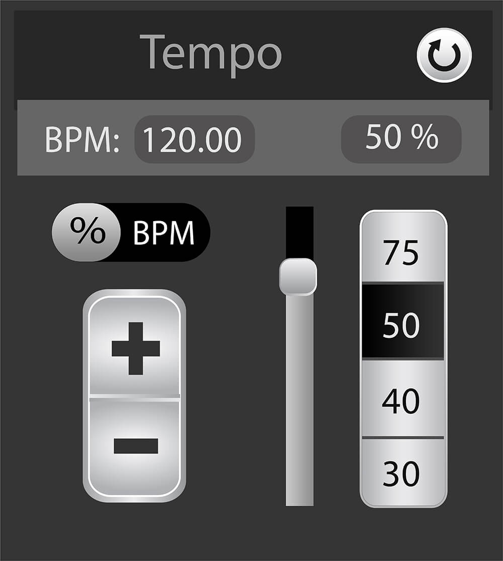 Song Surgeon Tempo module showing a 120 BPM readout at an adjusted 50 percent playback speed